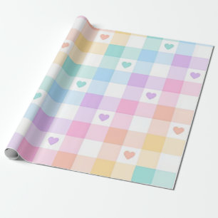 Veelkleurige Plaid Pastel Harten Cadeaupapier