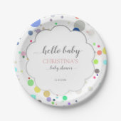 Veelkleurige Stip Hallo "Baby" Baby shower Papieren Bordje (Voorkant)