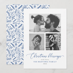 Veelvoudige foto met kerstzegeningen Blauw script Feestdagenkaart