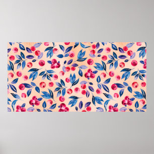 veenbessen en bladeren, waterverf rode wilde besse poster