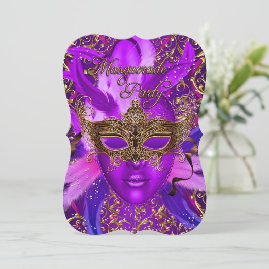 Veer Paarse gouden Masquerade Party uitnodigen Kaart (Staand voorkant)