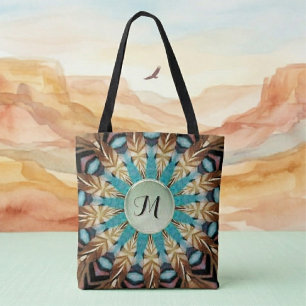 Veer Teal, bruin, blauw en groen Mandala Tote Draagtas