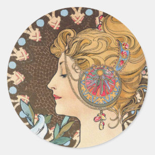 Veer van Alphonse Mucha - Art Nouveau Ronde Sticker