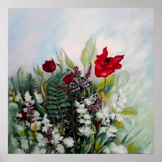 Veerbloemen met papavers en vlinders poster (Voorkant)