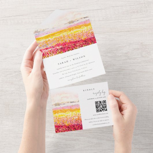 Veerland Floral landschap QR-code All In One Uitnodiging (Afscheurbaar)