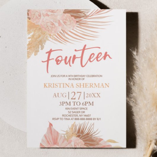 Veertien Boho Roze Bloemen 14e Verjaardagsfeest Kaart