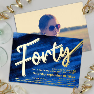 Veertig 40e verjaardag feest blauw kunst gouden sc folie uitnodiging