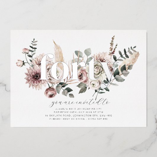 Veertig bloemen - 40e verjaardag - Zilver Folie Uitnodiging