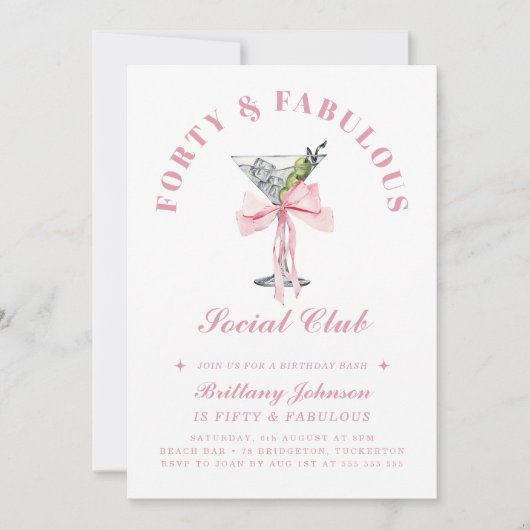 Veertig en Fabulous Bow & Martini 40e verjaardag Kaart (Voorkant)