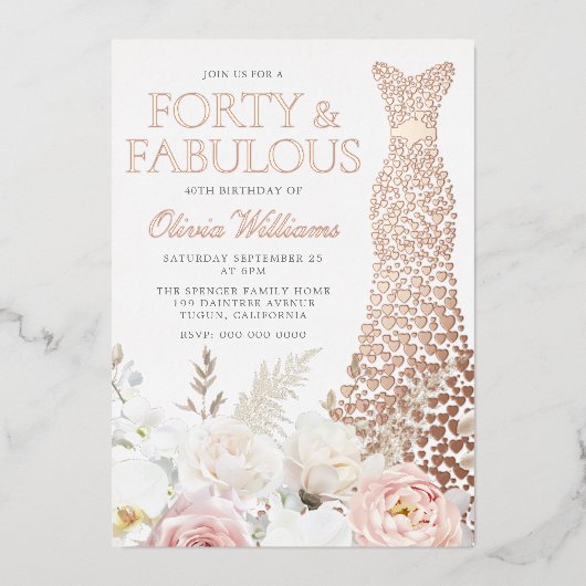 Veertig & Fabulous 40e Verjaardagsfeestje Roos Gou Folie Uitnodiging (Voorkant)