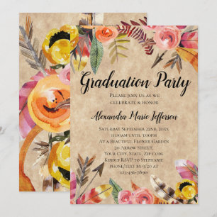 Veerveren strijken bloemen Rustic Graduc Party Kaart