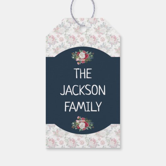 Vegan Kerstretro blauw en gouden wijnbloem Cadeaulabel (Achterkant)