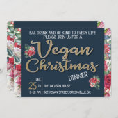 Vegan Kerstretro blauw en gouden wijnbloem Kaart (Voorkant / Achterkant)