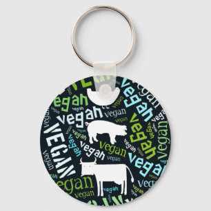 "Vegan" Word-Cloud Mosaic met Cow, Pig en Hen Sleutelhanger