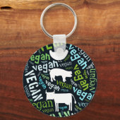 "Vegan" Word-Cloud Mosaic met Koe, Varkens en Hen Sleutelhanger (Voorkant)