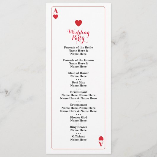 Vegas Casino Ace of Hearts Cards Huwelijksprogramm Programma (Achterkant)