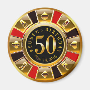 Vegas Casino Chip 50th Birthday   Rood goud zwart Magneet