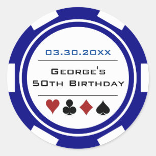 Vegas Casino Poker Chip Navy Blue White Birthday Ronde Sticker