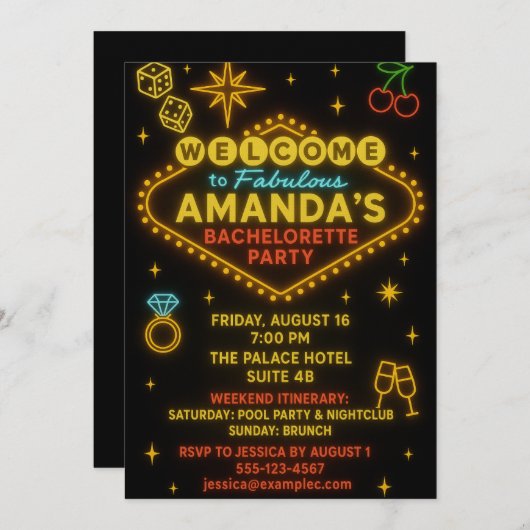 Vegas Neon Sign Bachelorette Party Invitation Kaart (Voorkant / Achterkant)