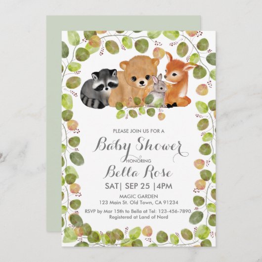 Végétation Bois Animaux Baby shower Invitation (Devant / Derrière)