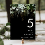 Végétation et feuille d'or | Numéro de table noir<br><div class="desc">Nous avons conçu ce numéro de table noir avec végétation et feuille d'or pour compléter votre mariage bohème simple et élégant. Il présente des feuilles de eucalyptus vertes et blanches modernes, du feuillage de fougère, une fleur de succulente et des feuilles de feuille d'or minimales. Ces éléments donnent l'impression d'une...</div>