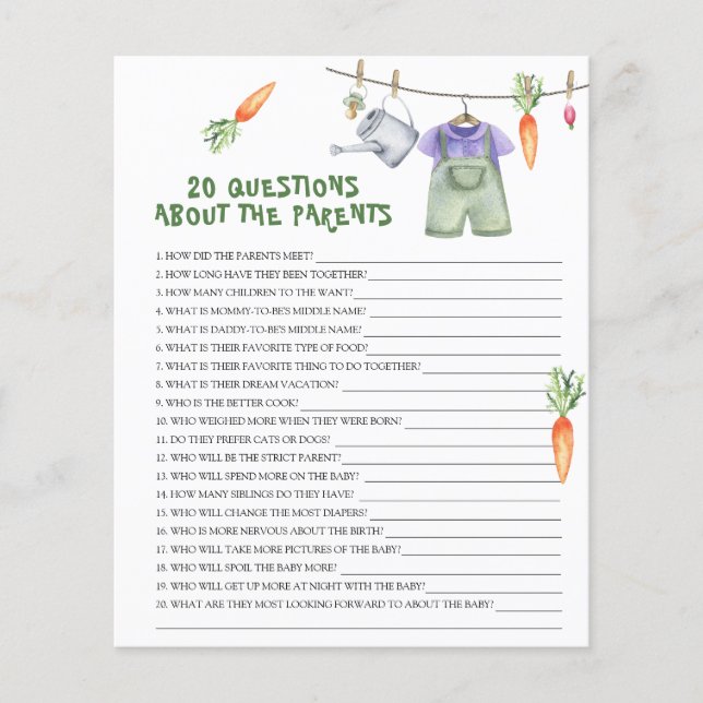 Veggie baby shower 20 vragen over de ouders (Voorkant)