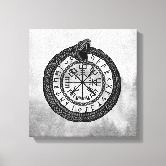 Vegvisir met Ouroboros en runes - grayscale Canvas Afdruk (Voorkant)