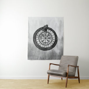 Vegvisir met Ouroboros en runes - grayscale Wandkleed