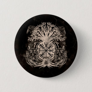 Vegvisir-Yggdrasil met Ravens en Wolven Ronde Button 5,7 Cm
