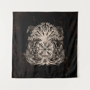 Vegvisir-Yggdrasil met Ravens en Wolven Wandkleed