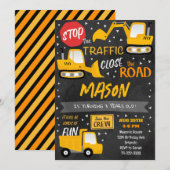 Véhicules de construction noir Invitation d'annive (Devant / Derrière)