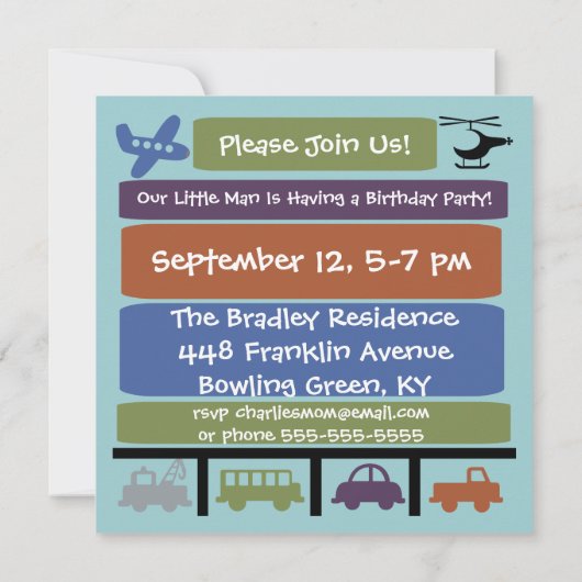 Véhicules de transport Invitation d'anniversaire p (Dos)