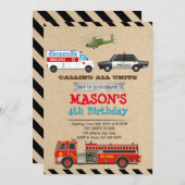 Véhicules d'urgence Invitation d'anniversaire (Devant / Derrière)