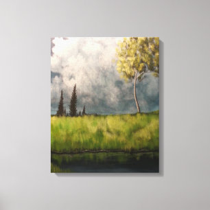 Veld en vijver Landschap Acryl Schilderen Print