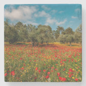 Veld met bloemen en bomen stenen onderzetter (Voorkant)
