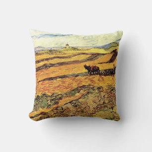 Veld met ploeger en molen door Vincent van Gogh Kussen