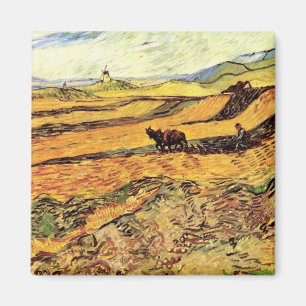Veld met ploeger en molen door Vincent van Gogh Magneet
