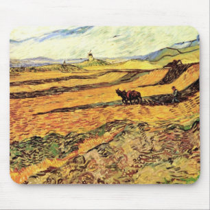 Veld met ploeger en molen door Vincent van Gogh Muismat