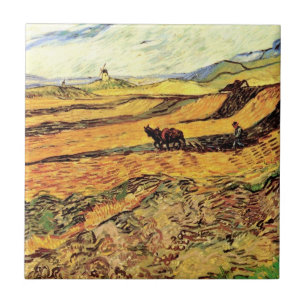 Veld met ploeger en molen door Vincent van Gogh Tegeltje