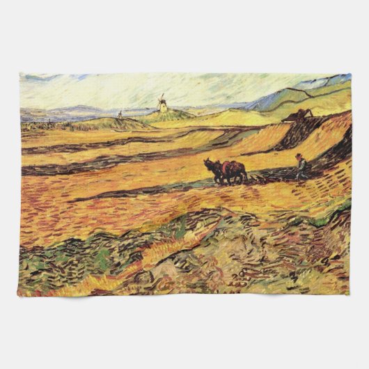 Veld met Plowman en Mill van Vincent van Gogh Theedoek (Horizontaal)