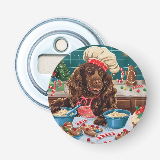 Veld Spaniel Kerstbakken: Festieve Kerstmis Button Flesopener (Voorkant)