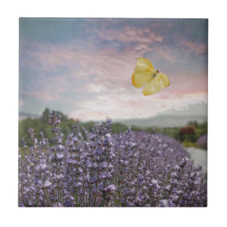 Veld van lavender Flowers, Blue Sky, Pink Sunset, Tegeltje