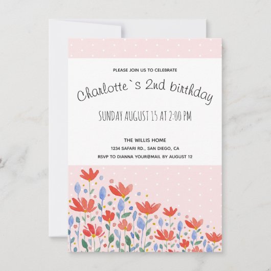 Veldbloemen Waterverf in zoet rood en blauw Aankondiging (Voorkant)