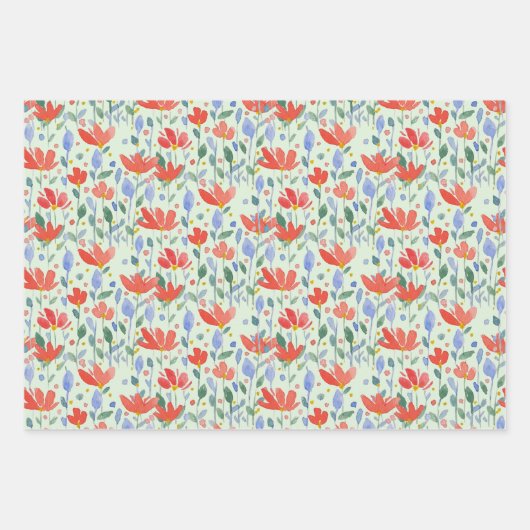 Veldbloemen Waterverf in zoet rood en blauw Inpakpapier Vel (Voorkant 3)