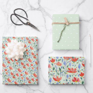 Veldbloemen Waterverf in zoet rood en blauw Inpakpapier Vel