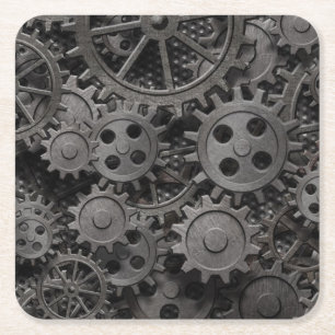 Vele oude roestmetalen tandwielen of machineonderd vierkante kartonnen onderzetter
