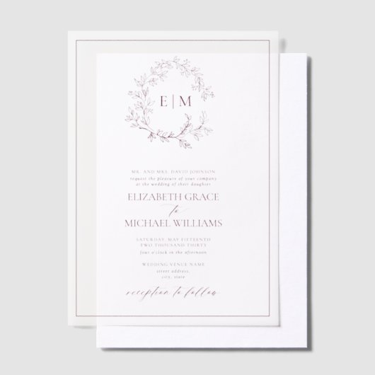 Vellum Bourgogne Leafy Crest Monogram Huwelijk Vellum Uitnodigingen (Offset)