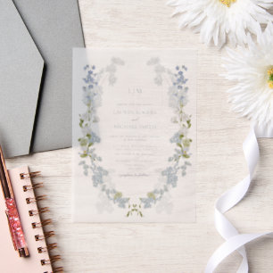 Vellum  Dusty Blue Garden Monogram Huwelijk Uitnodigingen