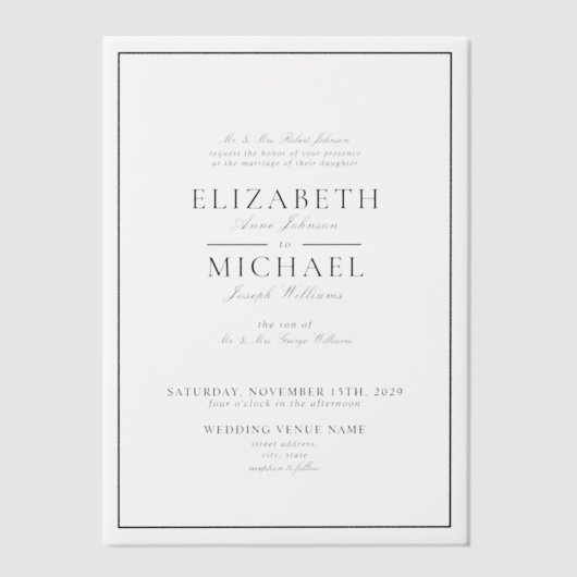 Vellum Elegant Black Classic Script Wedding Vellum Uitnodigingen (Voorkant)