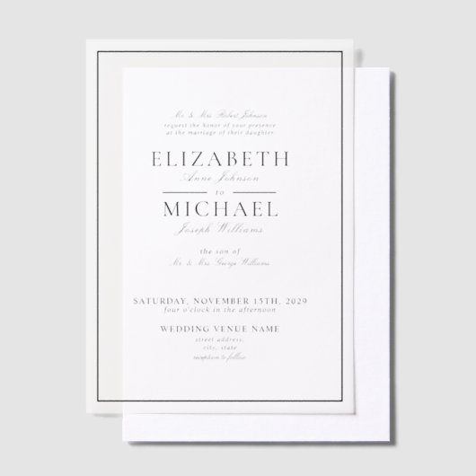 Vellum Elegant Black Classic Script Wedding Vellum Uitnodigingen (Offset)
